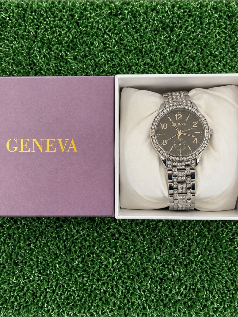 Geneva Silver Crystal Bracelet Watch with Black Dial